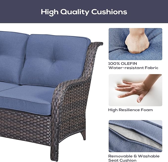 Belord Outdoor Furniture Sectional Sofa L Shaped Couch - Patio Wicker Set with 2 Swivel Glider Chairs, 8 Piece Rattan Patio Conversation Sets with Blue Cushion for Deck Backyard Sunroom