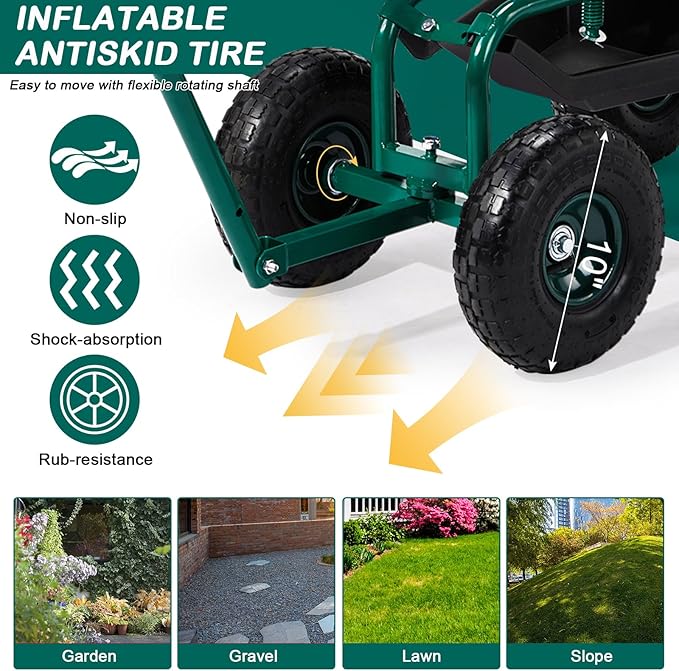 Outvita Rolling Garden Seat with Wheels, Gardening Stool with Height Adjustable 360 Degree Swivel Seat, Ergonomic Backrest, Tool Tray & Storage Basket, Outdoor Gardening Scooter Cart for Patio, Green