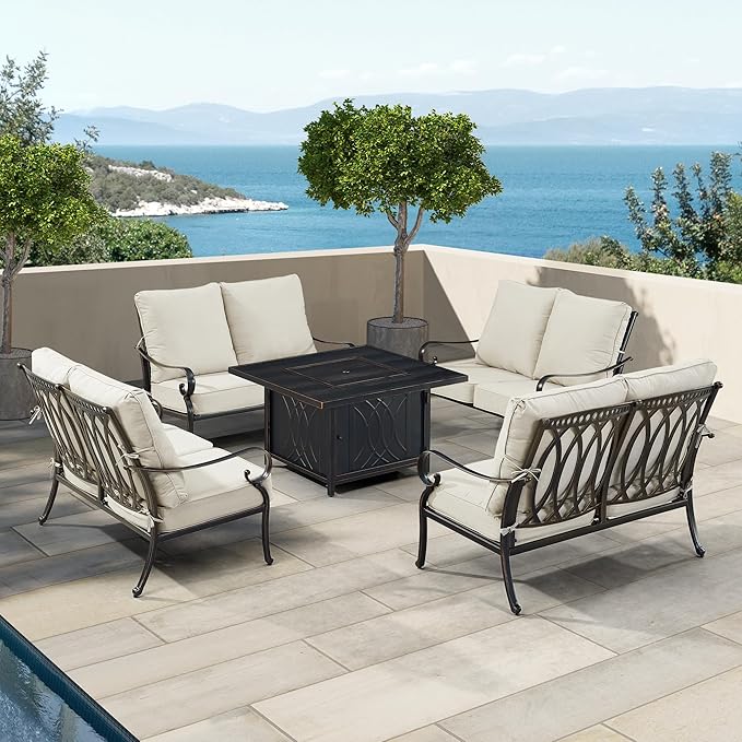 Oakland Living Black Aluminum Patio Fire Table Set with Four Deep Seating Loveseat, Cushions and Wind Blocker
