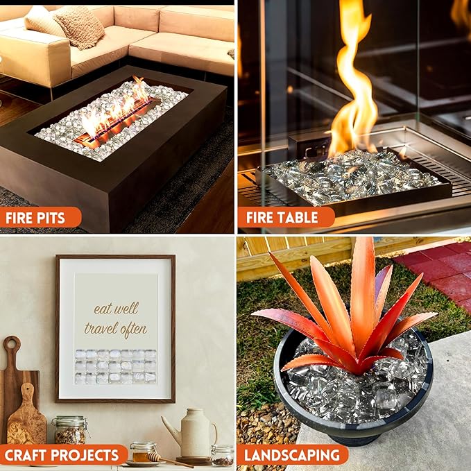 GasSaf Crystal Ice Fire Glass Cubes for Outdoor Fire Pit, Fireplace, Replaces Existing Gas Logs & Lava Rocks, 1 Inch Glass(20 Pound)(Crystal Ice Luster)