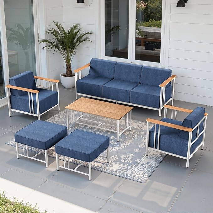 Luxury Patio Furniture Set with 10" Extra Thick Cushions, 6 PCS Outdoor Furniture Set with Patio Chairs & Couch & Coffee Table, Suitable for Porch, Balcony, Deck, Yard, Poolside, White/Blue