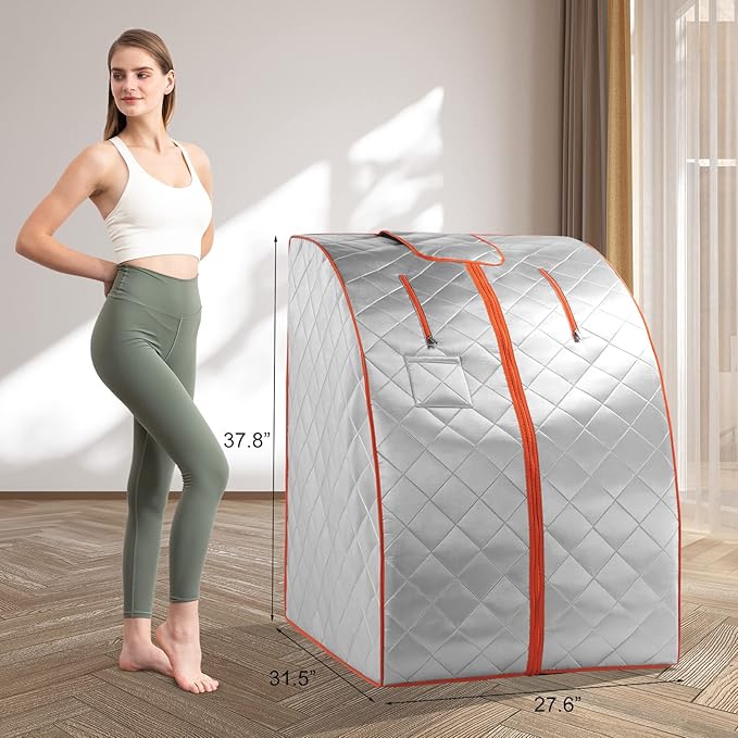 ZONEMEL Infrared Sauna, 1 Person Full Body Sauna, 3 Far Infrared Heating Panels, Remote Control, Built-in Foot Pad, Hand Pocket, Portable Folding Chair (L 27.6’’ x W 31.5’’ x H 37.8’’, Silver Orange)
