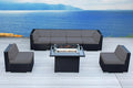 7 Piece Outdoor Patio Furniture Black Wicker Conversation Set with Fully Assembled Sectional and 42-inch Propane Gas Fire Table
