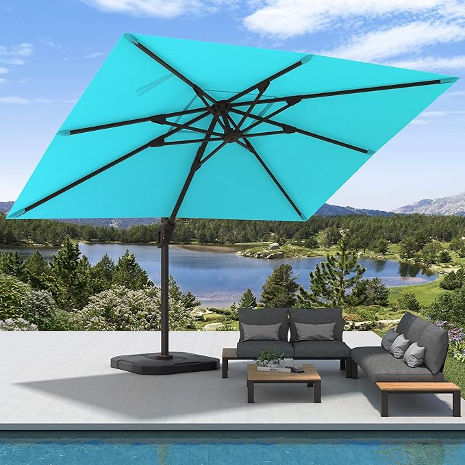 9' X 12' Cantilever Patio Umbrella with Base Included Rectangular Outdoor Large Offset Umbrellas with 7 Tilts Adjustable 360°Rotation for Deck Pool Garden Backyard, Turquoise