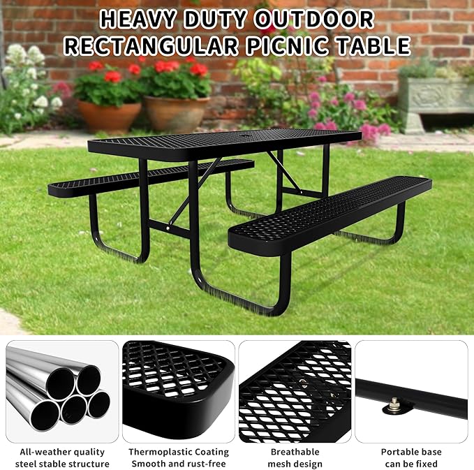 HIMcup 6FT Rectangular Steel Outdoor Picnic Table,Commercial Black Picnic Table Bench Set with Umbrella Hole, Weather-Resistant Heavy Duty School Dining Table for Patio, Garden, Backyard