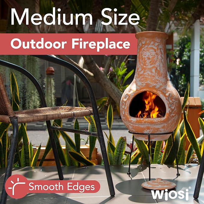 Wiosi Medium 𝗖𝗵𝗶𝗺𝗶𝗻𝗲𝗮 Outdoor Fireplace Clay Chimineas with Chimney Rain Lids and Solid Metal Stands - Yellow Terracotta Chimenea - Rustic Fire Pit Chimnea 16 x 16 x 32-inch