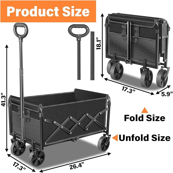 Wagons Carts Foldable, Collapsible Wagon Cart with Wheels - Beach Wagon Cart with Wheels for Sand Sports Camping Grocery, Black
