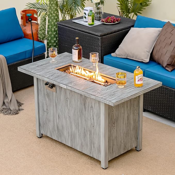 Tangkula 43 Inch Propane Fire Pit Table, Patiojoy 50,000 BTU Outdoor Gas Fire Table w/Wood Grain Tabletop, Hideaway Tank Storage, Lava Rocks, Rectangular Propane Firepit w/Waterproof Cover
