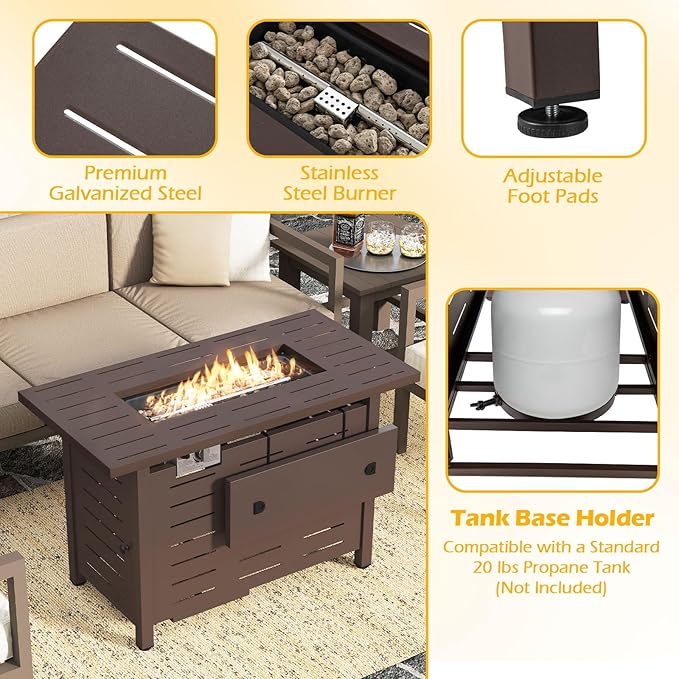 Tangkula Outdoor Propane Fire Pit Table, 40 Inch ETL Certified Outside Rectangle Gas Fire Table with Lava Rocks, Removable Lid and Protective Cover for Patio, Garden, Deck and Backyard (Brown)