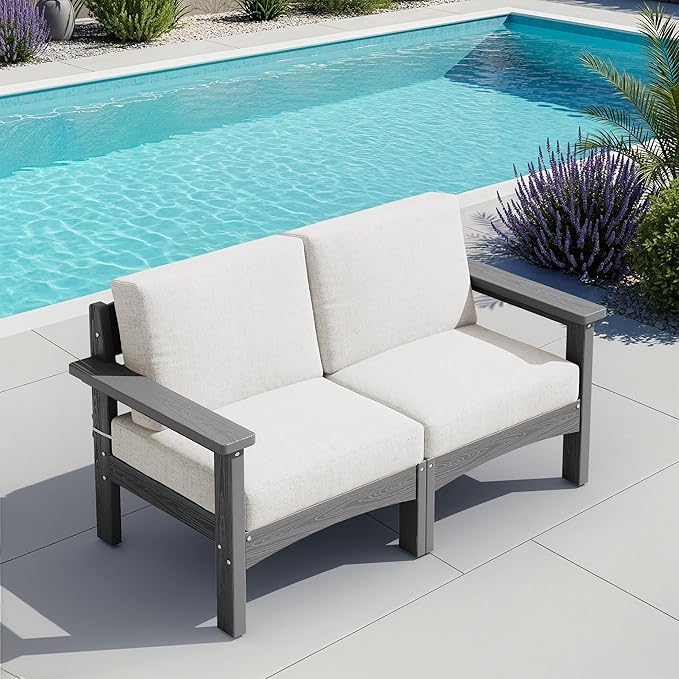 SERWALL HDPE Patio Loveseat Sofa, 2 Pieces Single Sofa, Weather-Resistant Outdoor Furniture Chair with Thick Removable Cushion, Balcony, Garden, Backyard, Poolside, Grey Frame with Khaki Cushion