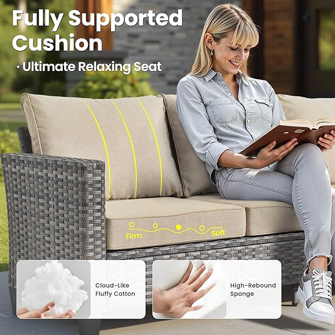 ovios 6 Pieces Patio Furniture Set with 30" Fire Pit Table, Outdoor Wicker Sofa with Comfy Cushions, All Weather High Back Rattan Couch Conversation Set, Beige