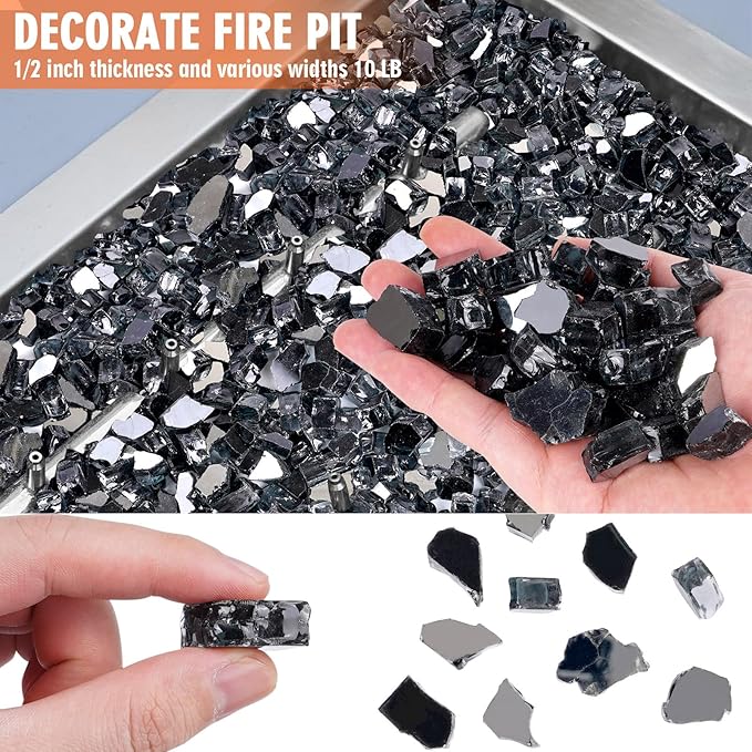 Mesida Fire Glass for Propane Fire Pit - 10 lb Reflective High Luster Glass Rocks, Black 1/2-Inch Fire Pit Glass for Indoor/Outdoor Fireplace & Fire Table, Tempered Decorative Firepit Rocks