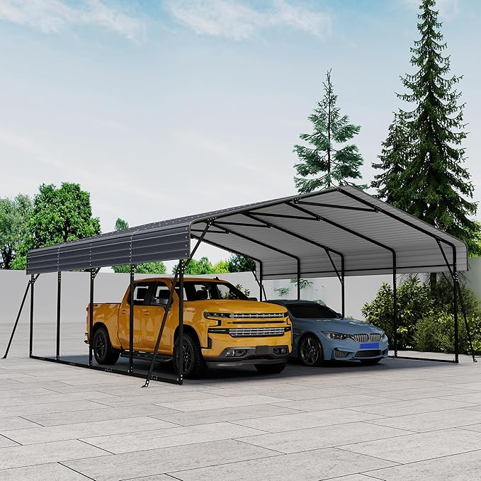 20x20FT Heavy Duty Metal Carport with Galvanized Steel Roof and Frame, Multi-Use Large Outdoor Garage Shelter with 4 Reinforced Supports for 2 Car,SUV,Truck Storage,Gray