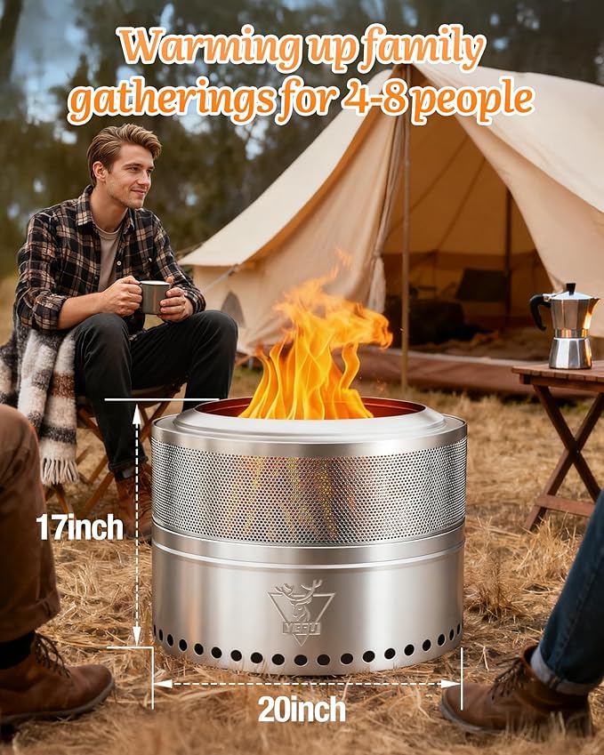 YEFU Fire Pit, Folding Smokeless Firepit, Wood Burning Stainless Steel Portable Outdoor Fireplace with Removable Ash Stand,Gloves,Fire Poker,Bonfire Fire Pits for Outside Camping (20 inch)