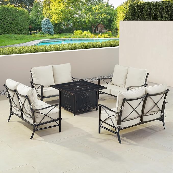 Oakland Living Black Aluminum Patio Fire Table Set with Four Deep Seating Loveseat with Cushions