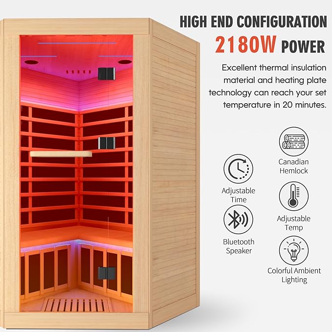 2-3 Person Sauna Corner Sauna Far Infrared Saunas Room Canadian Hemlock Indoor 2180W Low-EMF Dry Saunas with 7 Color Therapy