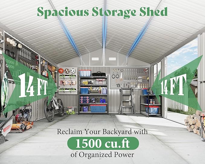VanAcc 12x14x8.5 FT Galvanized Steel Outdoor Storage Shed with 2 4-Pane Windows Lockable Door, Nordic Cottage Shed for Backyard, Garden, Patio, Dark Grey/White