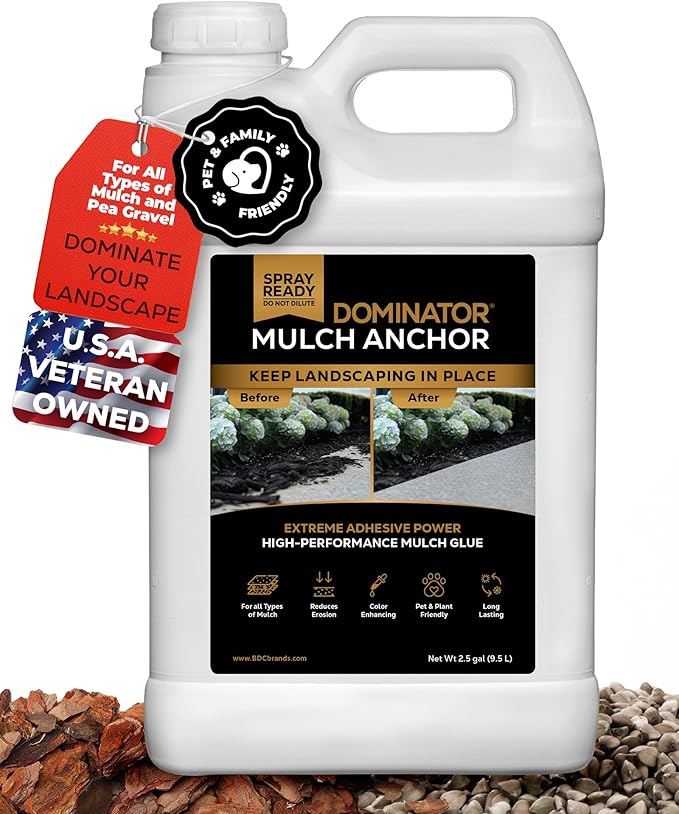 DOMINATOR Mulch Anchor 2.5 Gallons - Mulch Glue and Pea Gravel Stabilizer, Ready to Use Spray, Lasts up to 2 Years, Fast-Dry, Non-Toxic, Strong Mulch Glue for Landscapes