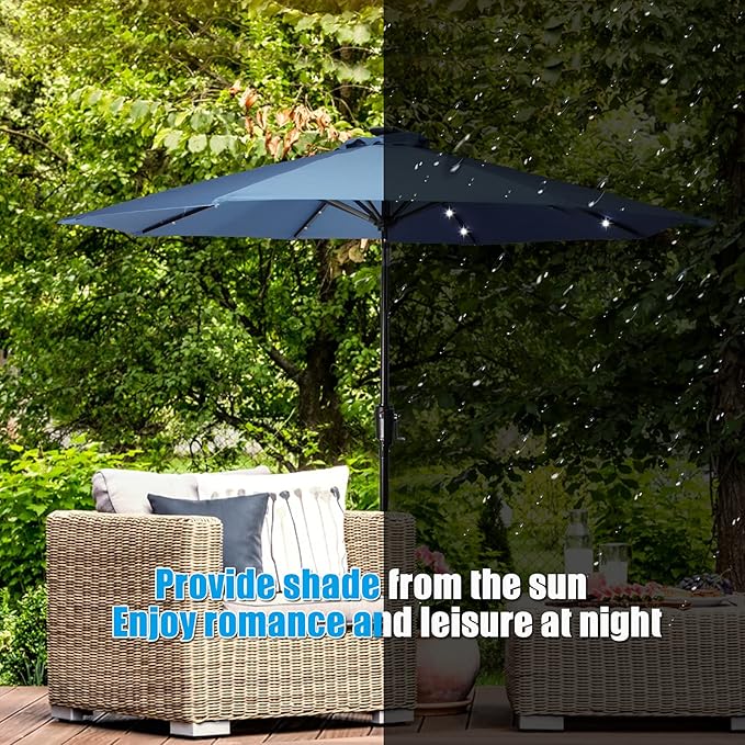 9FT Solar Umbrella 32 LED Patio Umbrellas with Tilt and Crank,Table Market Outdoor Umbrella for Garden,8 Ribs