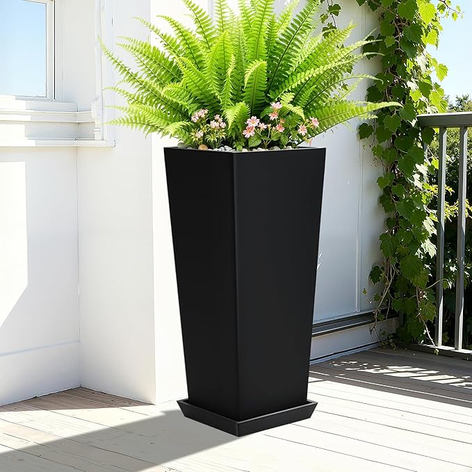 24" Set of 2 Tall Planters, Large Outdoor Flower Pots with Drainage Tray Modern Indoor Tapered Planter for Patio, Garden, Front Porch, Backyard (Black)