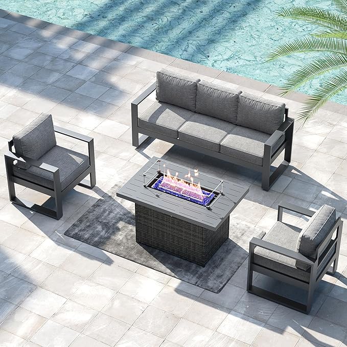 LayinSun 4 Pieces Aluminum Outdoor Patio Furniture Set, Metal Modern Conversation Sofa Set with Fire Pit Table and Washable Thick Cushions for Porch, Backyard, Deck