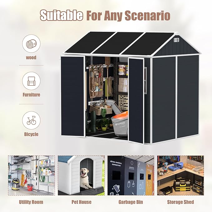 Outdoor Storage Shed 7.5x7 FT, Resin Shed with Floor & Window, Lockable Door, Vents, Outside Sheds & Garden Shed for Patio Furniture, Gardening Tools, Pool Equipment (Dark Gray, 7.5x7ft)