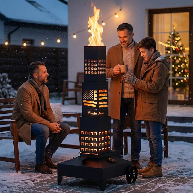 51" Smudge Pot Heater with Wheels, 7-Gallon Waste Oil Patio Heater,Heavy-Duty Steel Pyramid Design,Portable Fireplace for Backyard, Porch, Patio and Garden(Banner)