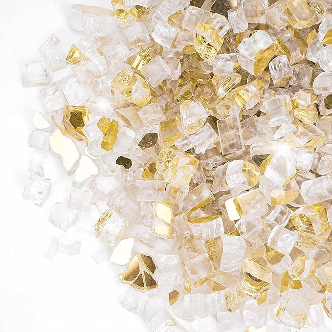 Onlyfire 10 pounds Fire Glass for Propane Fire Pit and Gas Fireplace, 1/2 Inch Reflective Firepit Glass Rocks for Fire Pit Table and Fire Bowl, High Luster Gold