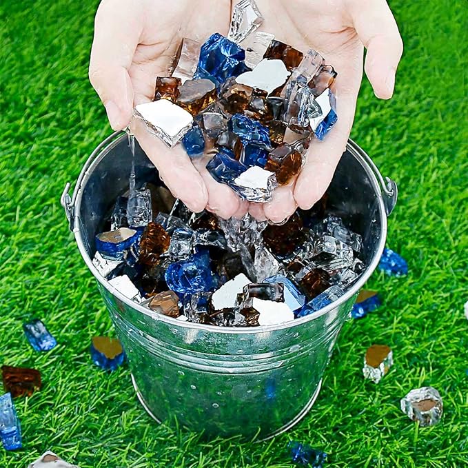 GRISUN 20 Pounds Fire Glass Mixed Color for Fire Pit - 1/2 Inch Reflective Tempered Glass Rocks for Natural or Propane Fireplace, Safe for Outdoors and Indoors, Pacific Blue, Copper, Ultra White