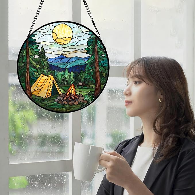 QZQCBLC Stained Glass Window Hanging Yellow Tent Forest Scenery 6.3" - Sunset Suncatcher Door Garden Sun Catcher Home Decor Birthday Christmas for Mom Men Woman Nana Friend