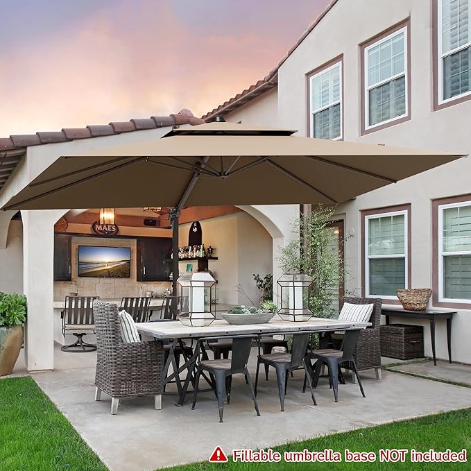 9x12FT Brown Cantilever Outdoor Patio Umbrella with Base, Large Rectangular Offset Design, Double Top Heavy Duty Aluminum Frame & 360° Rotation for Pool Garden Deck Backyard