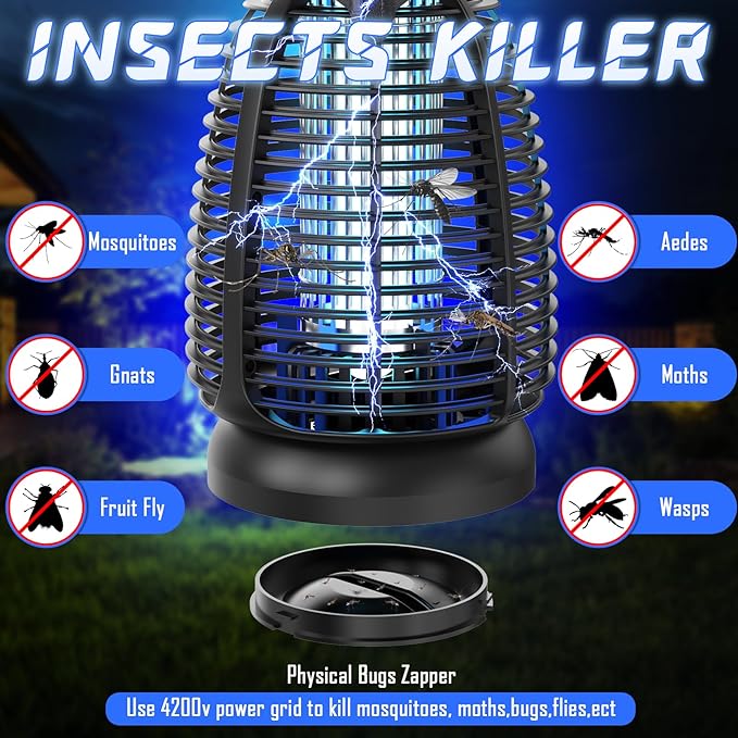 Bug Zapper Outdoor for Mosquito Flies - Waterproof Insect Killer Trap Lamp Electric 4200V Powerful Bug Zappers Indoor with LED Light for Patio Porch Garage Backyard & Home