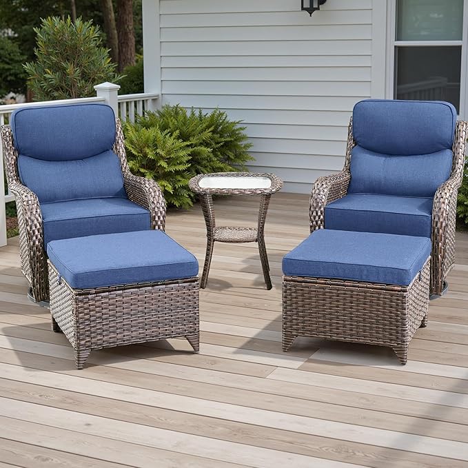 Rilyson Wicker Outdoor Patio Furniture Set - 5 Piece Patio Conversation Sets with Swivel Rocker Chairs, Ottomans and Side Table, 6 inch Cushions, Waterproof Wicker, for Porch Deck Brown/Blue
