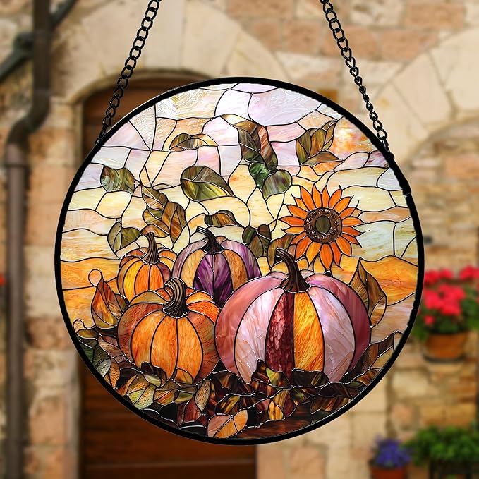 DASTOLL Stained Glass Window Hanging, Pumpkin Sunflower Suncatcher Diamond Glass Panel Sun Catchers Decor for Birthday for Women, Men, Wife, Aunt, and Mom 9.8 in