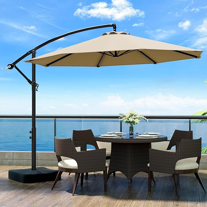OLILAWN 10ft Patio Umbrella with Base Included, Christmas Outdoor Offset Cantilever Umbrella Upgraded Yarn-dyed Fabric Shade, Sturdy 8 Rids, Easy Tilt Adjustment, for Pool Deck Porch Backyard Garden,Beige