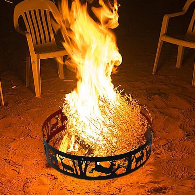 Fire Pit Ring Outdoor Steel: Heavy Duty Round Firepit Ring with Patterned Cutouts for Backyard Camping & Beach Bonfires 36Inch