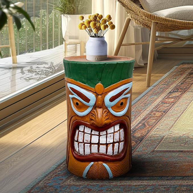 SKYFIRE 2 Pack Large Tiki Statue - 20”H Tiki Bar Side Tables Outdoor Decor for Garden, Patio, Backyard, Lawn and Office -Concrete The Grand Tiki Face Kanaloa Teeth Stool End Table for House Decor