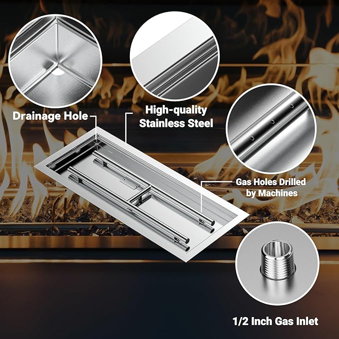 Skyflame 36 x 12 Inch Rectangular Fire Pit Pan Kit, Stainless Steel Drop-in Fire Pit Pan and Burner, Come with Spark Ignition and Propane Hose, Indoor/Outdoor Fire Table DIY Decorative