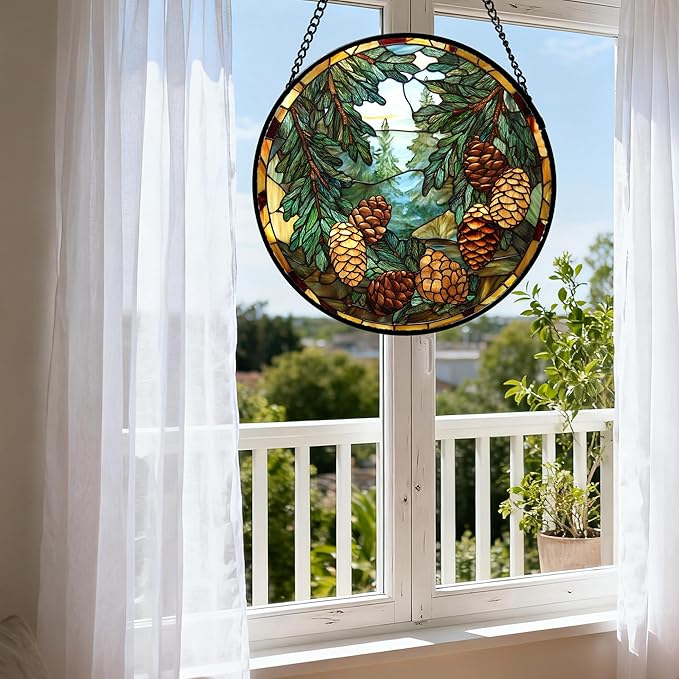 QZQCBLC Stained Glass Window Hanging Forest Pine Cone Landscape Large 15" - Green Suncatcher Door Terrace Garden Sun Catcher Home Decor Birthday Christmas for Mom Men Woman Wife