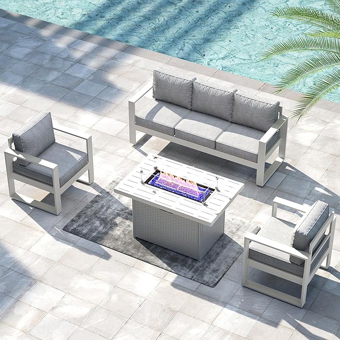LayinSun 4 Pieces Aluminum Outdoor Patio Furniture Set, Metal Modern Conversation Sofa Set with Fire Pit Table and Washable Thick Cushions for Porch, Backyard, Deck