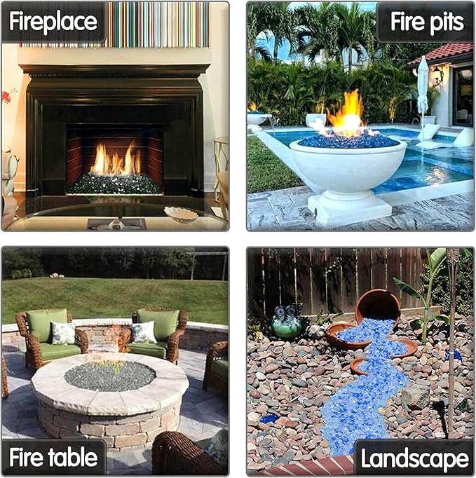 Grisun Blue Fire Glass for Fire Pit - 1/2 Inch High Luster Reflective Tempered Glass Rocks for Natural or Propane Fireplace, Safe for Outdoors and Indoors Firepit Glass, 10 Pounds