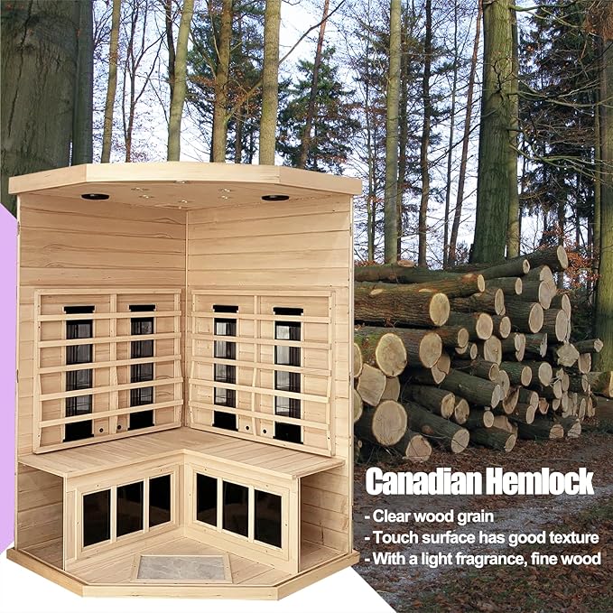 2-3 Person Infrared Saunas for Home, Low EMF Ceramic Infrared Sauna, Indoor Home Sauna Spa, Hemlock Wooden Corner Suana Room, Bluetooth Speakers, Chromotherapy Lights