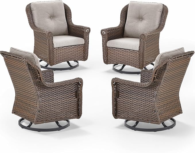 Patio Chairs Outdoor Swivel Glider - Set of 4 High Back Outside Brown Wicker Rattan Rocking Chair with Thick Cushion for Porch Apartment Deck Yard Poolside Garden - Beige
