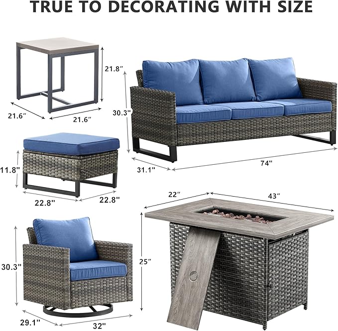 HUMMUH 7 Piece Patio Furniture Set with Fire Pit 41in 55,000 BTU,Wicker Outdoor Conversation Sets - Patio Swivel Chairs Sofa Ottomans,Side Table for Porch,Garden,Backyard