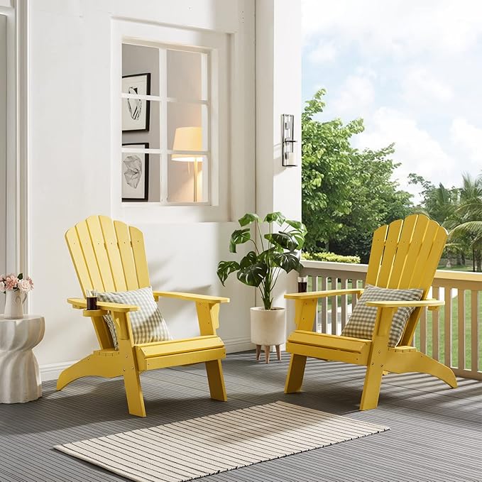 Psilvam Adirondack Chair, Oversized Poly Lumber Fire Pit Chair with Cup Holder, 350Lbs Support Patio Chairs for Garden, Weather Resistant Adirondack Chair Looks Like Real Wood (4, Yellow)