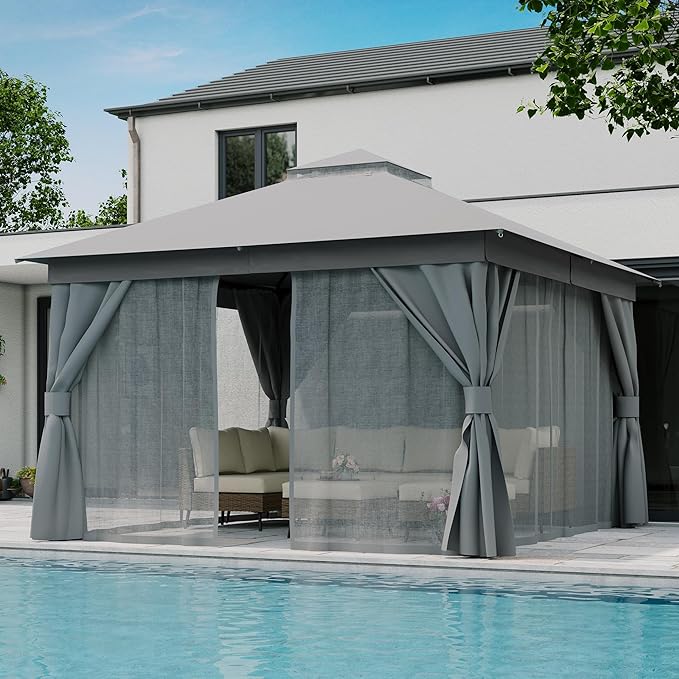 LAUSAINT HOME Gazebo 12x12ft, Heavy Duty Patio Gazebo with Expansion Bolts, Party Canopy Tent with Double Roofs, Mosquito Nettings and Privacy Screens for Backyard, Garden, Lawn, Grey
