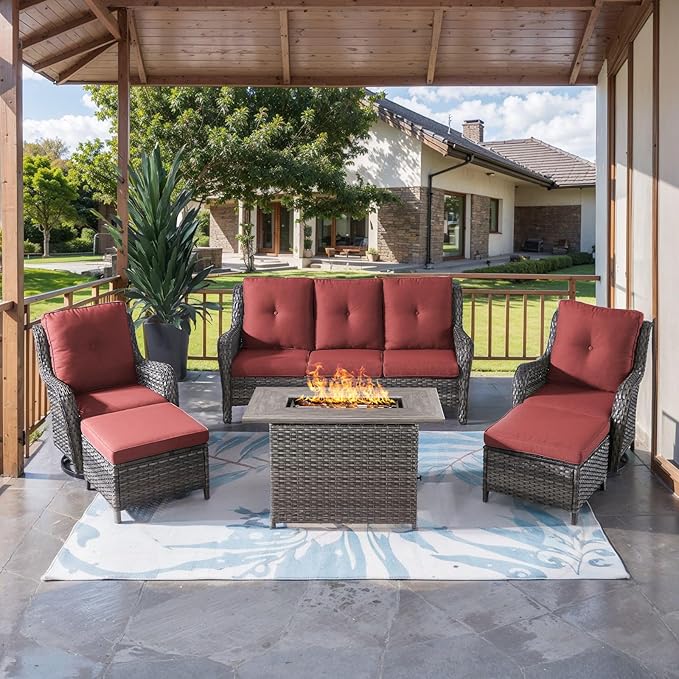 HUMMUH 6 Pieces Patio Furniture Set with Fire Pit Table Outdoor Conversation Set PE Wicker Patio Couch Swivel Glider Chairs Ottomans for Balcony Garden,Lawn,Deck