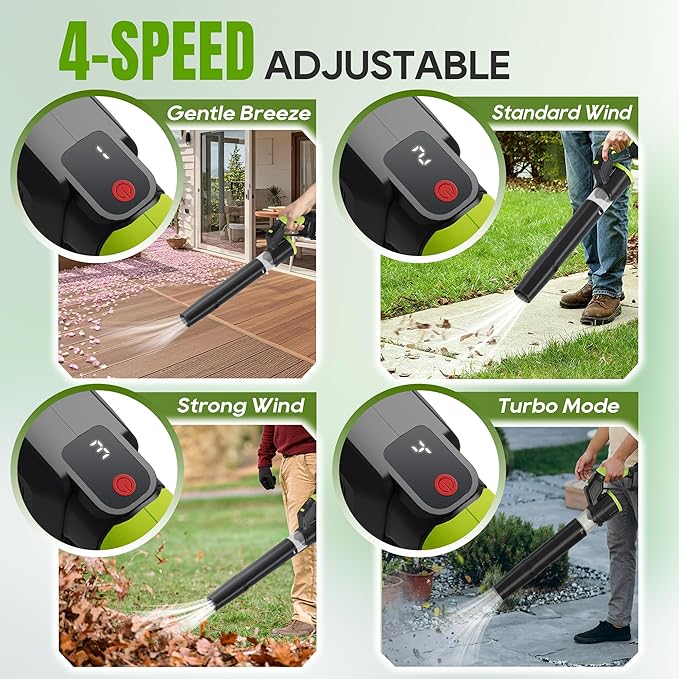 VIPDIGI Electric Leaf Blower Cordless, 180° Rotatable, 2 Batteries & Charger, Handheld Leaf Blowers for Lawn Care, 4 Speed Mode, Portable Lightweight Grass Blower for Yard (Green-Black)