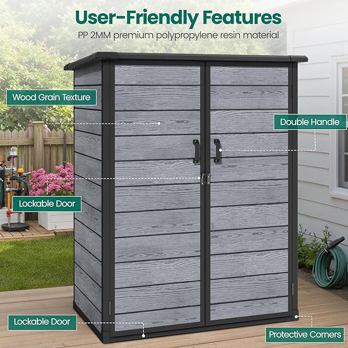5×3 FT Vertical Outdoor Storage Shed, 56.8 Cu.Ft Resin Storage Cabinet with Lockable Double Doors, Weather-Resistant Tool Shed for Garden, Patio, and Backyard Equipment (Woodgrain Gray)