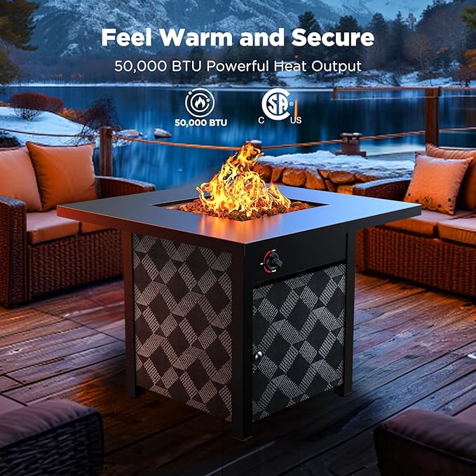 Ciays 32Inch Propane Fire Pit Table, 50,000 BTU Outdoor Gas Fire Pit Table CSA-Certified for Outside Patio with Removable Lid and Lava Rocks, Smoke-Free Burning, Parties, Backyard, Garden